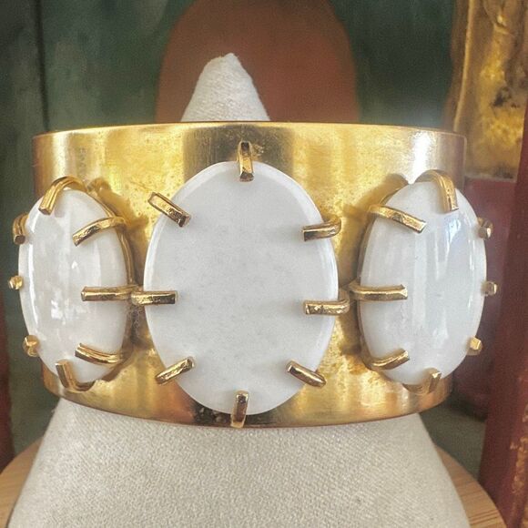 Bold Gold-Tone Brass Cuff Bracelet with White Resin Cabochons - Picture 1 of 7